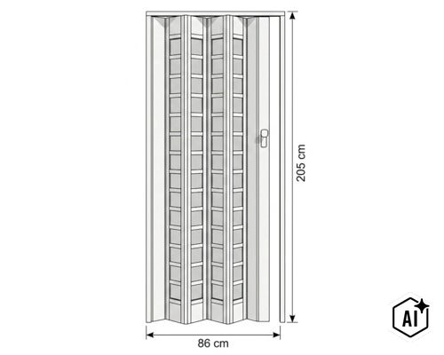 Porte pliante en plastique avec inserts en verre, dimensions 86 par 205 centimètres. (Image AI modified or generated)