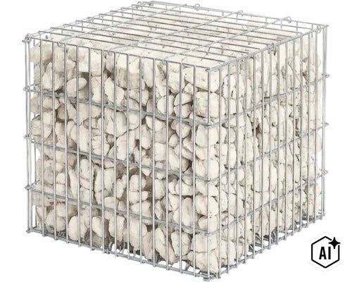 Quadratischer Gabionenkorb gefüllt mit Steinen als Steinkorb für den Gartenbau (Image AI modified or generated)