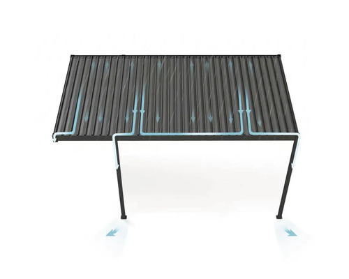 Toiture de terrasse avec système de drainage intégré à travers les poteaux.