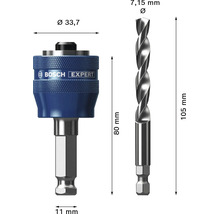 Bosch Expert Lochsägenaufnahme mit Pilotbohrer, Durchmesser 33,7 Millimeter, Gesamtlänge 105 Millimeter, Sechskantschaft 11 Millimeter.