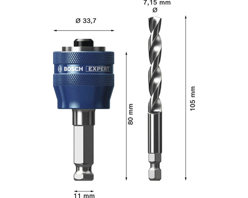 Bosch Expert Lochsägenaufnahme mit Pilotbohrer, Durchmesser 33,7 Millimeter, Gesamtlänge 105 Millimeter, Sechskantschaft 11 Millimeter.