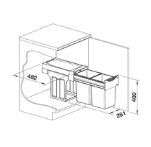 Dessin technique d un système de tri des déchets coulissant pour meuble bas de cuisine avec deux poubelles et dimensions.