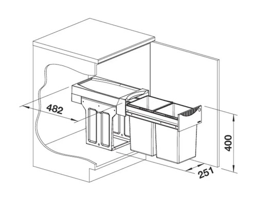 Dessin technique d un système de tri des déchets coulissant pour meuble bas de cuisine avec deux poubelles et dimensions.