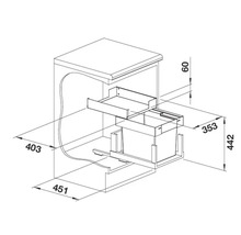 Dessin coté pour un système de tri des déchets à installer dans un meuble bas de cuisine avec dimensions en millimètres.