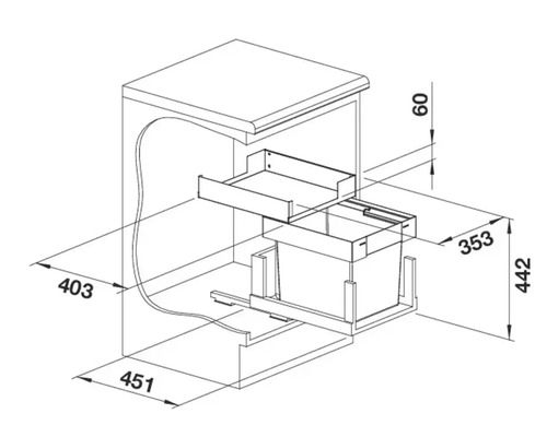Dessin coté pour un système de tri des déchets à installer dans un meuble bas de cuisine avec dimensions en millimètres.