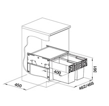 Dessin technique d'un système de tri des déchets pour meuble bas de cuisine avec dimensions en millimètres.