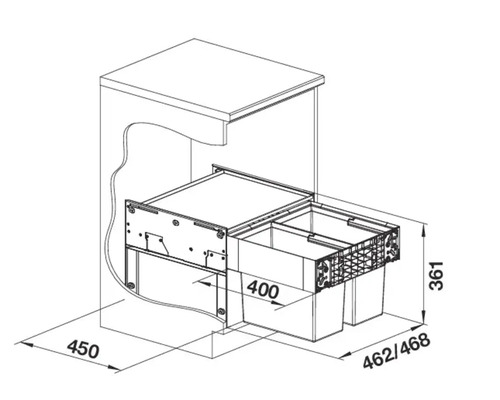 Dessin technique d'un système de tri des déchets pour meuble bas de cuisine avec dimensions en millimètres.