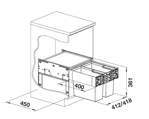 Technische Zeichnung eines Abfalltrennsystems mit zwei Eimern für den Küchenunterschrank mit Maßangaben in Millimetern.