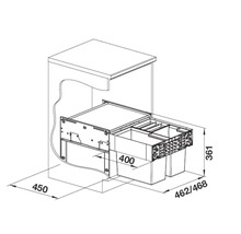 Massskizze eines Einbau Mülltrennsystems für einen Küchenschrank mit 450 Millimeter Breite inklusive Abmessungen.