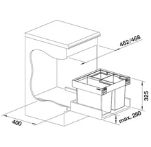 Dessin technique d'un système de tri des déchets extractible pour un meuble bas de 400 millimètres avec dimensions.
