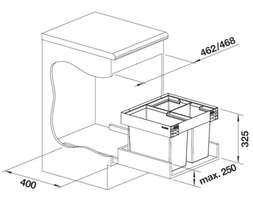 Dessin technique d'un système de tri des déchets extractible pour un meuble bas de 400 millimètres avec dimensions.
