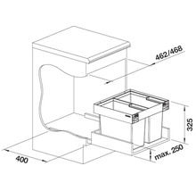 Dessin technique d un système de tri des déchets coulissant pour meuble de cuisine avec dimensions en millimètres.
