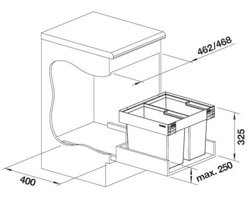 Dessin technique d un système de tri des déchets coulissant pour meuble de cuisine avec dimensions en millimètres.