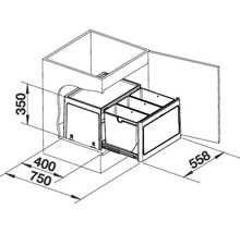 Dessin technique d un système de tri des déchets coulissant pour meubles bas de cuisine avec dimensions.