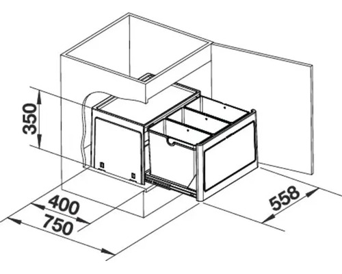 Dessin technique d un système de tri des déchets coulissant pour meubles bas de cuisine avec dimensions.