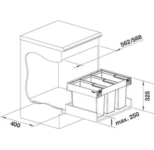Croquis coté d'un système de tri sélectif encastrable pour meubles de cuisine avec trois bacs et mécanisme coulissant.