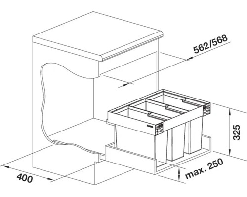 Croquis coté d'un système de tri sélectif encastrable pour meubles de cuisine avec trois bacs et mécanisme coulissant.