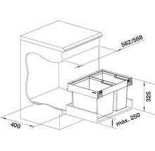 Dessin technique d'un système de tri des déchets Blanco avec les dimensions d'encastrement pour l'armoire de cuisine.