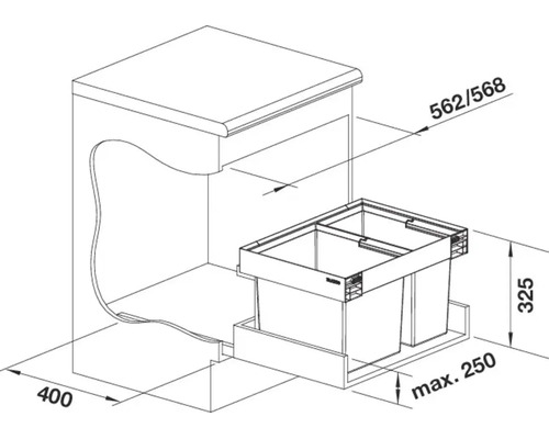 Dessin technique d'un système de tri des déchets Blanco avec les dimensions d'encastrement pour l'armoire de cuisine.