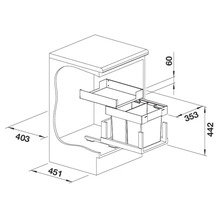 Dessin technique coté d'un système de tri des déchets pour meuble bas de cuisine avec tiroir et deux bacs amovibles.