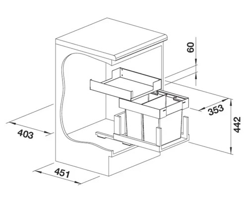 Dessin technique coté d'un système de tri des déchets pour meuble bas de cuisine avec tiroir et deux bacs amovibles.