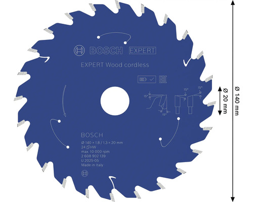 Bosch Expert Wood cordless Kreissägeblatt mit 140 Millimeter Durchmesser und 20 Millimeter Bohrung für Akku-Handkreissägen.