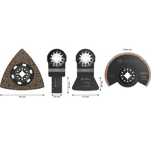 Ensemble de quatre accessoires pour outil multifonction Bosch Starlock pour diverses applications de sciage et de poncage.