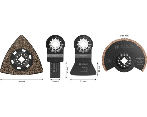 Ensemble de quatre accessoires pour outil multifonction Bosch Starlock pour diverses applications de sciage et de poncage.