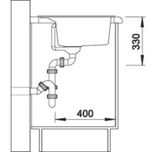 Technische Zeichnung mit Einbaumaßen für ein Küchenspülenbecken mit Abflusssystem in einem Unterschrank.