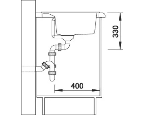 Technische Zeichnung mit Einbaumaßen für ein Küchenspülenbecken mit Abflusssystem in einem Unterschrank.