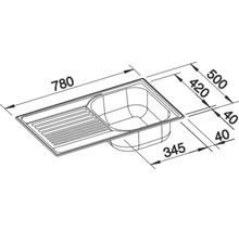 Masszeichnung einer Einbauspüle mit Abtropffläche und Becken, Masse in Millimeter angegeben.