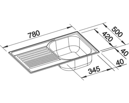 Masszeichnung einer Einbauspüle mit Abtropffläche und Becken, Masse in Millimeter angegeben.