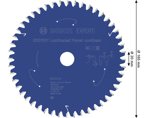 Lame de scie circulaire Bosch Expert Laminated Panel cordless avec diamètre de 165 millimètres et alésage de 20 millimètres