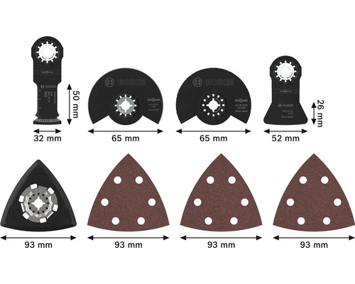 Set de lames de scie et disques abrasifs multifonctions Bosch Starlock en différentes tailles et versions.