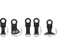 Ensemble de cinq lames de scie plongeante multifonction Bosch Starlock pour outils oscillants, de largeurs et de formes variées.