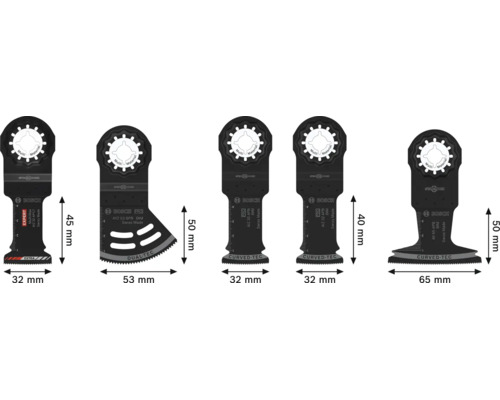 Ensemble de cinq lames de scie plongeante multifonction Bosch Starlock pour outils oscillants, de largeurs et de formes variées.