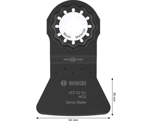 Lame pour outil multifonction Bosch Starlock ATZ 52 SC Multi Material, 52 millimètres de largeur, 26 millimètres de profondeur, acier HCS.