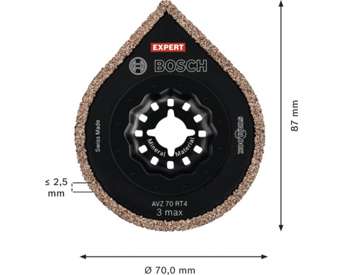 Plateau de poncage delta Bosch Expert AVZ 70 RT4 Starlock pour materiaux mineraux avec un diametre de 70 millimetres et une hauteur de 87 millimetres