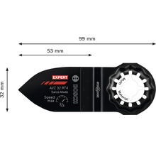 Bosch Expert Starlock Tauchsägeblatt AVZ 32 RT4 mit Maßangaben 99 Millimeter Gesamtlänge und 32 Millimeter Breite für Multitools.