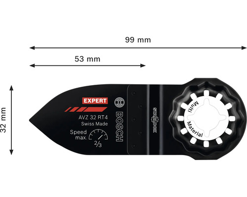 Bosch Expert Starlock Tauchsägeblatt AVZ 32 RT4 mit Maßangaben 99 Millimeter Gesamtlänge und 32 Millimeter Breite für Multitools.