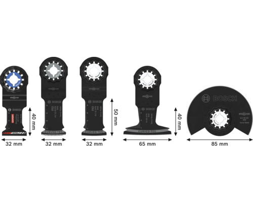 Ensemble de cinq lames de scie plongeante Bosch Starlock pour outils multifonctions avec différentes largeurs et applications
