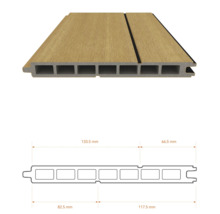 Lame de terrasse en bois composite avec profil alvéolaire et aspect bois, coupe transversale avec dimensions pour le montage et la planification.