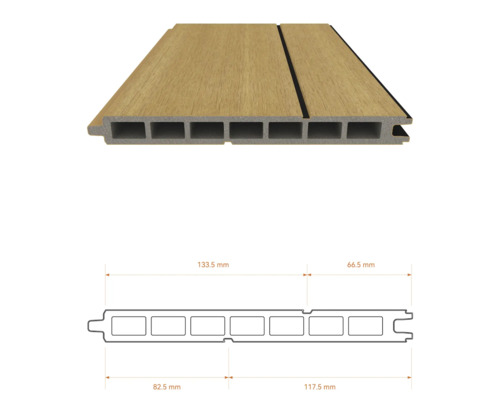 Lame de terrasse en bois composite avec profil alvéolaire et aspect bois, coupe transversale avec dimensions pour le montage et la planification.