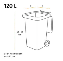 Maßzeichnung einer 120 Liter Mülltonne mit Angabe der Abmessungen für Höhe sowie Breite.