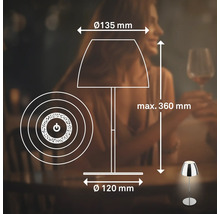 Dessin technique d'une lampe de table avec dimensions : diamètre abat-jour 135 mm, diamètre socle 120 mm, hauteur maximale 360 mm.