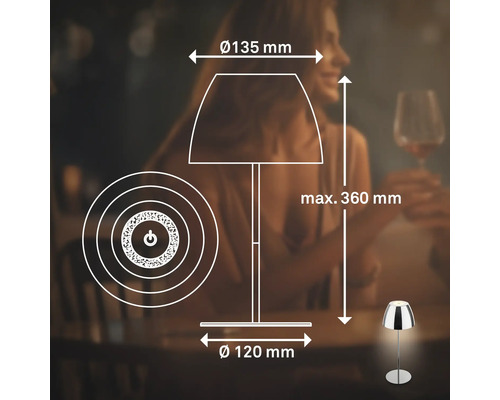 Dessin technique d'une lampe de table avec dimensions : diamètre abat-jour 135 mm, diamètre socle 120 mm, hauteur maximale 360 mm.