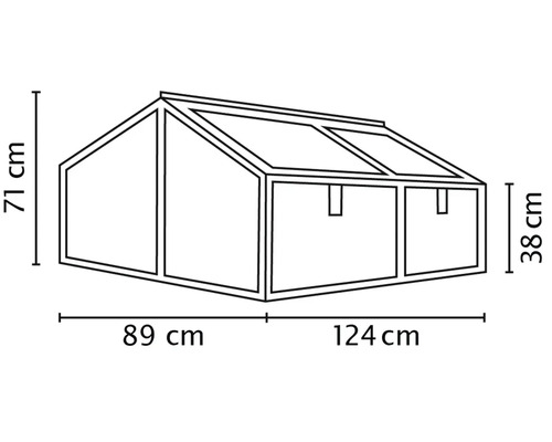 Dessin au trait d une serre châssis avec dimensions de 213 centimètres de largeur et 71 centimètres de hauteur
