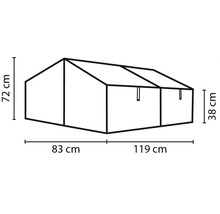 Strichzeichnung eines Folien- oder Frühbeets mit Bemaßung: 72 Zentimeter Höhe, 83 Zentimeter Tiefe und 119 Zentimeter Breite.