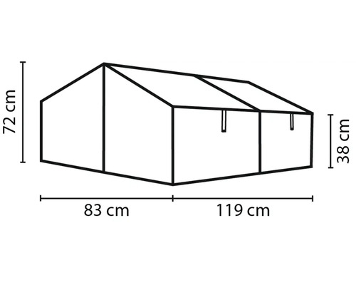 Strichzeichnung eines Folien- oder Frühbeets mit Bemaßung: 72 Zentimeter Höhe, 83 Zentimeter Tiefe und 119 Zentimeter Breite.