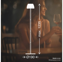 Lampadaire avec schéma dimensionnel, hauteur maximale 1235 millimètres, diamètre de base 190 millimètres, dans un environnement résidentiel.
